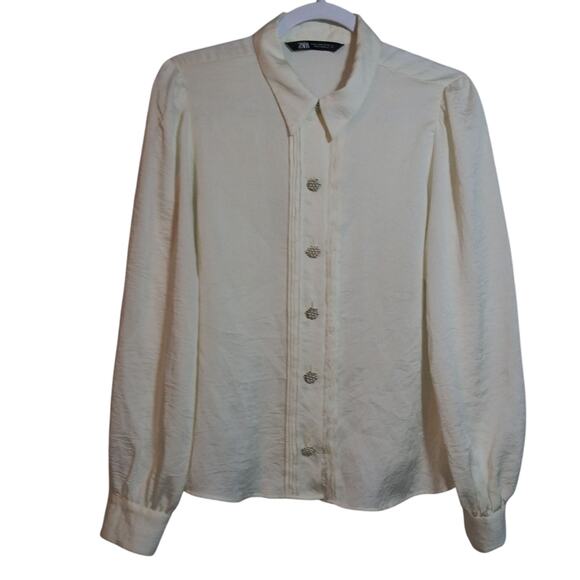 Zara Ivory Long-Sleeve Jewel Button Up Shirt Blouse Size XL - Picture 1 of 8